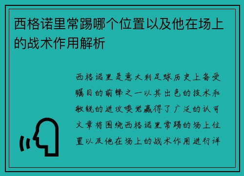 西格诺里常踢哪个位置以及他在场上的战术作用解析 西格诺里常踢哪个位置以及他在场上的战术作用解析