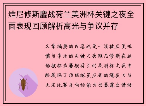 维尼修斯鏖战荷兰美洲杯关键之夜全面表现回顾解析高光与争议并存